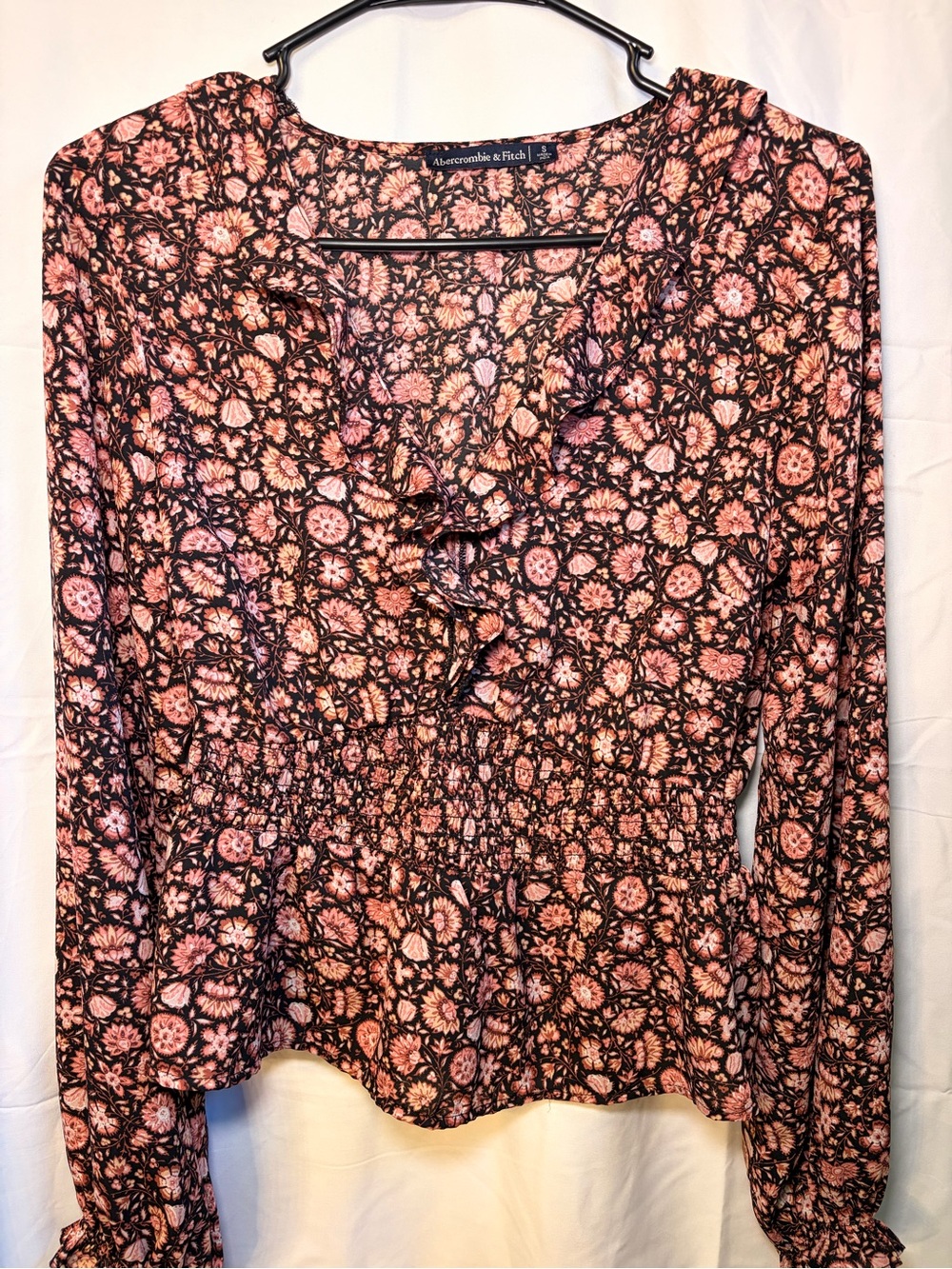 Abercrombie & Fitch Black and Pink Floral Ruffle Peplum Blouse